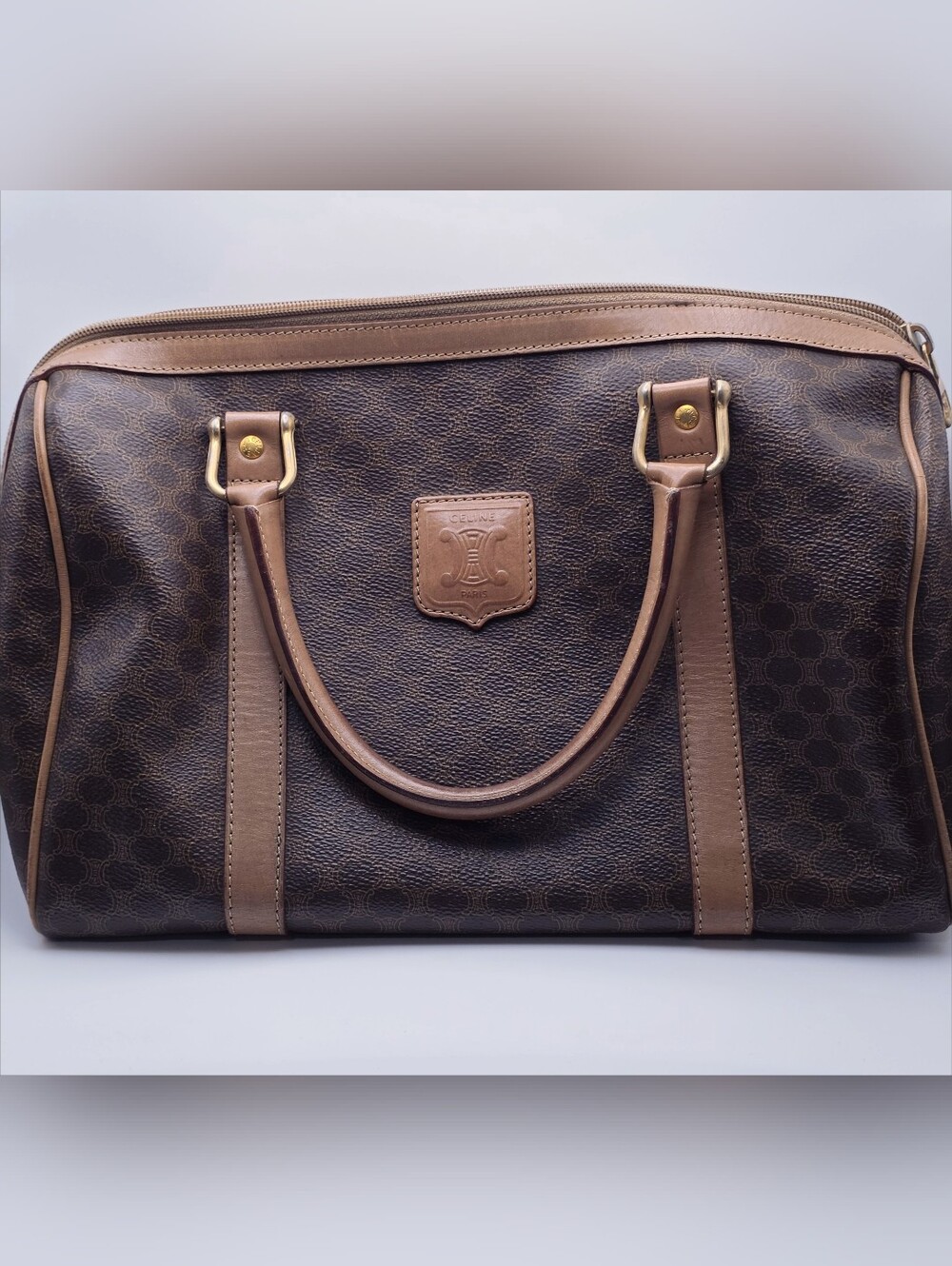 Celine Brown Macadam Canvas Satchel with Tan Leather Trim